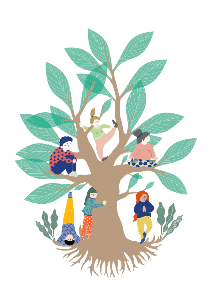 dessin d'un arbre et différents personnages